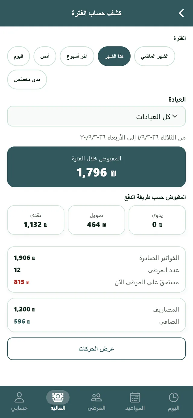 شاشة كشف حساب الفترة: اختيار اليوم أو أمس أو آخر أسبوع أو الشهر أو مدى مخصّص، المقبوض خلال الفترة، وتقسيمه حسب طريقة الدفع نقدي وتحويل.
